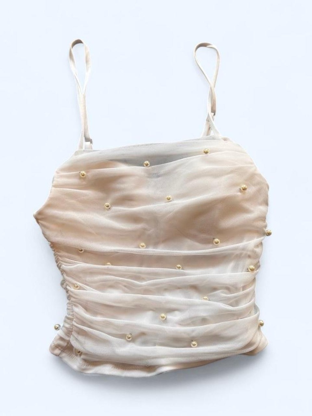 Moa Moa Pearl-Embellished Mesh Ruched Cami in White
